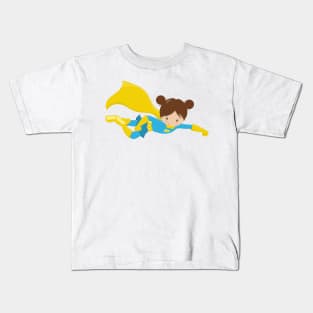 Superhero Girl, Cute Girl, Brown Hair, Yellow Cape Kids T-Shirt